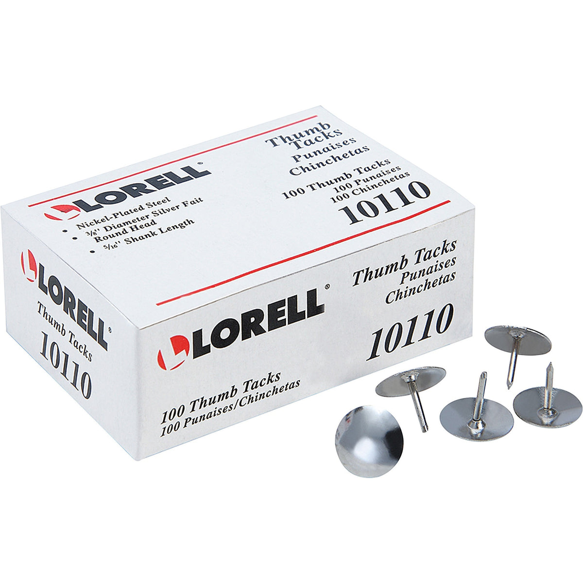Lorell 5/16" Long Thumb Tacks - 0.31" Shank - 0.37" Head - for Schedule, Wall - Silver - Nickel Plated Steel - 100 / Pac