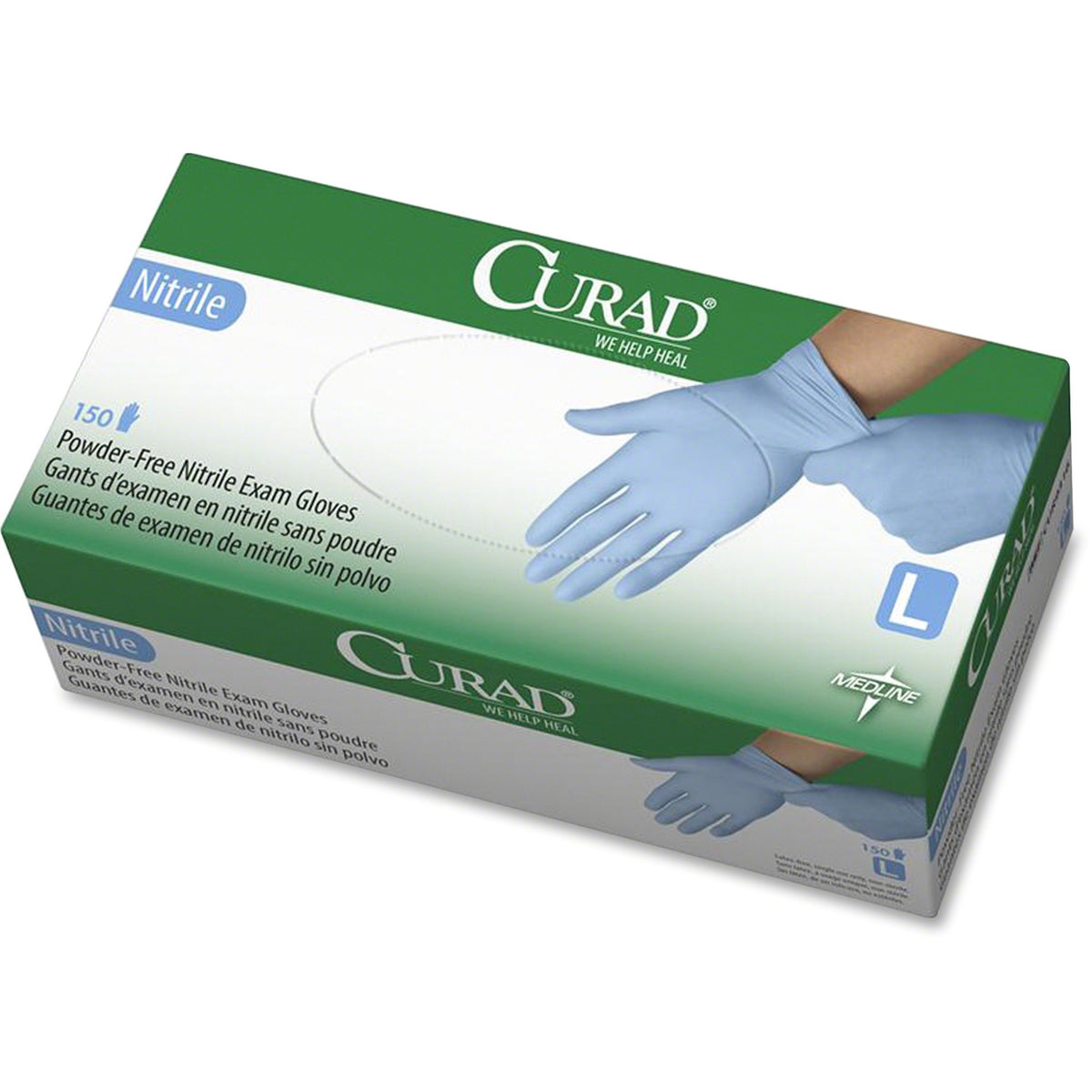 Curad Powder-free Nitrile Disposable Exam Gloves - 9.50" Glove Length - Large Size - Full-Textured Design - Blue - 150 /