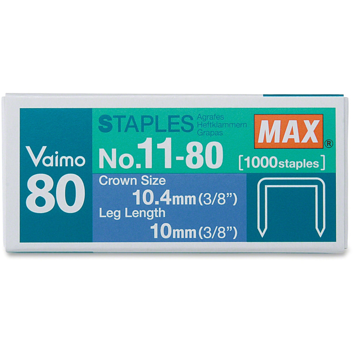 MAX Vaimo 80 Stapler Replacement Staples - 3/8" Leg - 3/8" Crown - Silver - 1 Box