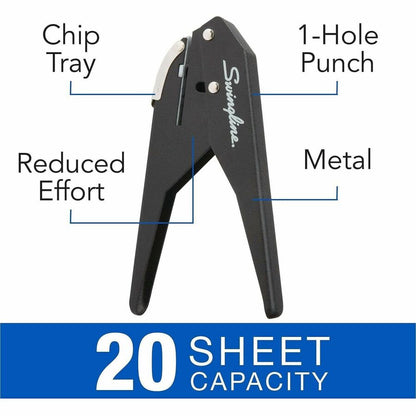 Swingline Low-Force 1-Hole Punch - 1 Punch Head(s) - 20 Sheet - 9/32" Punch Size - Black