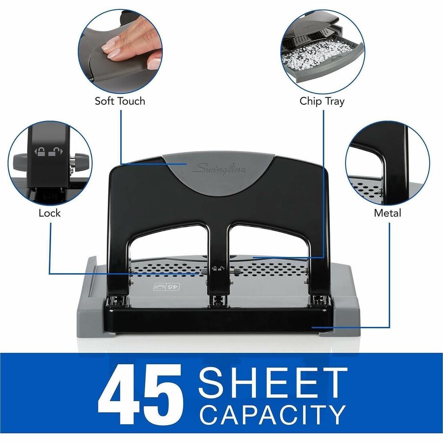 Swingline SmartTouch 3-Hole Punch - 3 Punch Head(s) - 45 Sheet - 9/32" Punch Size - Black, Gray