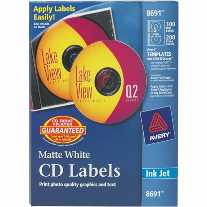 Avery® Clear CD/DVD Inkjet Matte Labels - Permanent Adhesive - Inkjet - Matte - Matte White - Paper - 2 / Sheet - 50 Tot