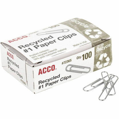 ACCO Recycled Paper Clips - No. 1 - 1.3" Length - 10 Sheet Capacity - Durable, Reusable - Silver - Metal - 100/Box - 10 