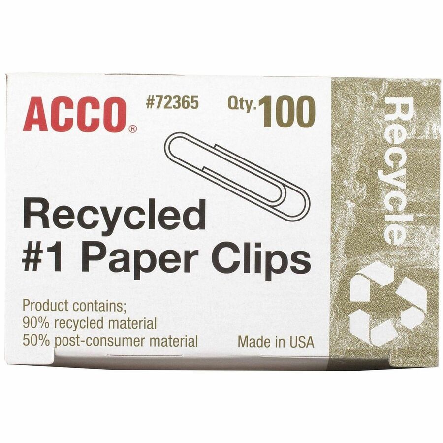 ACCO Recycled Paper Clips - No. 1 - 1.3" Length - 10 Sheet Capacity - Durable, Reusable - Silver - Metal - 100/Box - 10 