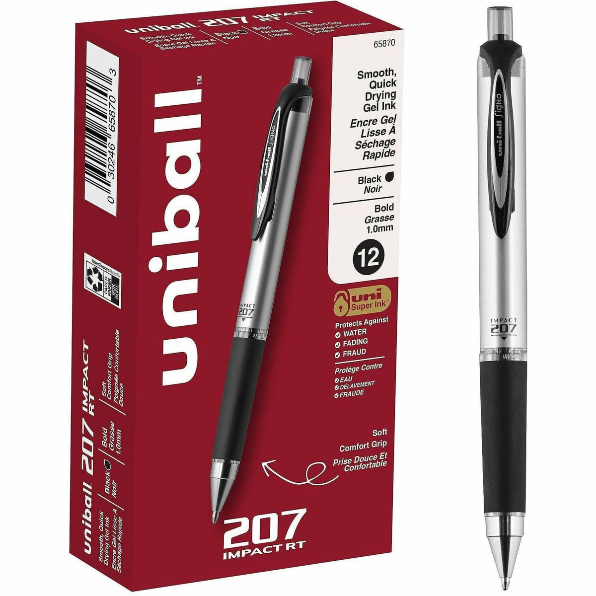 uniball™ 207 Impact RT Gel Pens - 1 mm Bold Pen Point - Refillable - Retractable - Black Ink - Gel-based - Metallic Barr