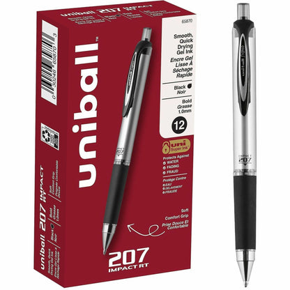 uniball™ 207 Impact RT Gel Pens - 1 mm Bold Pen Point - Refillable - Retractable - Black Ink - Gel-based - Metallic Barr