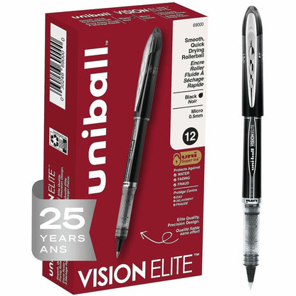 uniball™ Vision Elite Rollerball Pen - 0.5 mm Micro Pen Point - Black Ink - 12 / Dozen
