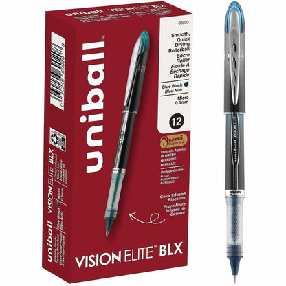 uniball™ Vision Elite BLX Rollerball Pen - 0.5 mm Micro Pen Point - Black/Blue Ink - Pigment-based - 12 / Dozen