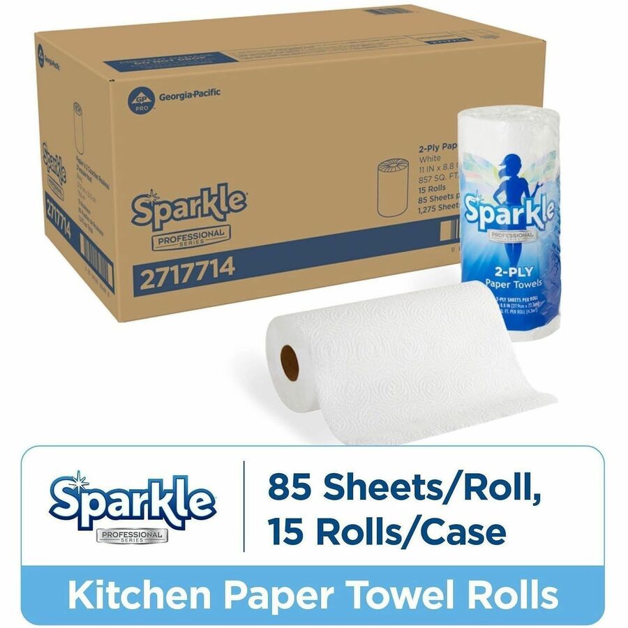 Sparkle Professional Series® Kitchen Paper Towel Rolls - 2 Ply - 8.80" Width x 11" Length - 85 Sheets/Roll - White - 15 