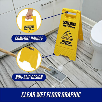 Genuine Joe Universal Graphic Wet Floor Sign - English, Spanish - Print/Message "Wet Floor" - Foldable - Yellow - 1 Each