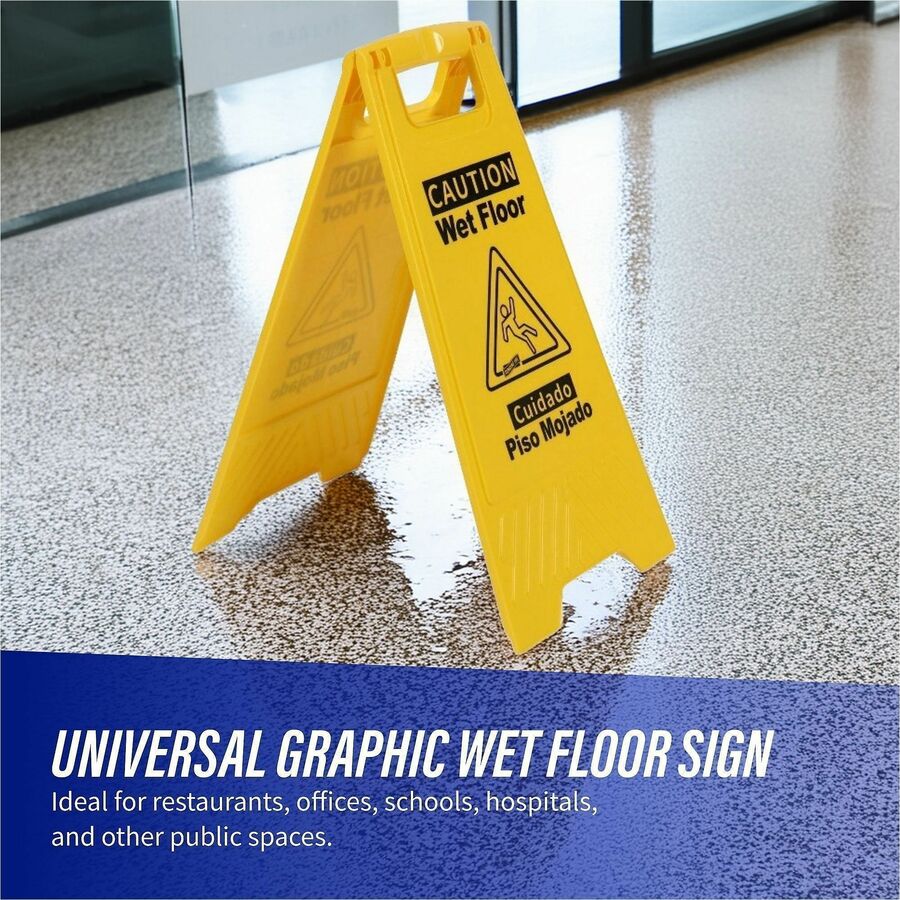 Genuine Joe Universal Graphic Wet Floor Sign - English, Spanish - Print/Message "Wet Floor" - Foldable - Yellow - 1 Each