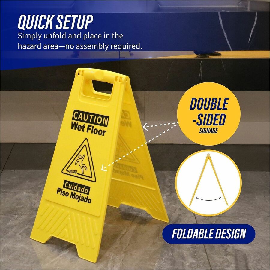 Genuine Joe Universal Graphic Wet Floor Sign - English, Spanish - Print/Message "Wet Floor" - Foldable - Yellow - 1 Each