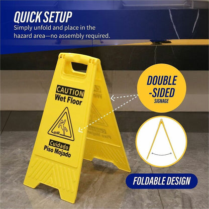 Genuine Joe Universal Graphic Wet Floor Sign - English, Spanish - Print/Message "Wet Floor" - Foldable - Yellow - 1 Each