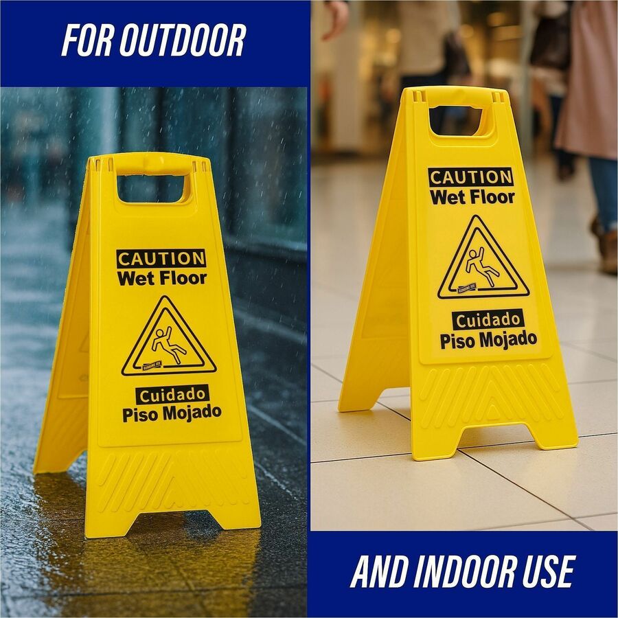 Genuine Joe Universal Graphic Wet Floor Sign - English, Spanish - Print/Message "Wet Floor" - Foldable - Yellow - 1 Each