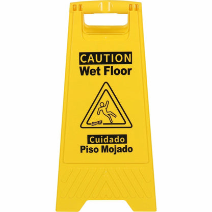 Genuine Joe Universal Graphic Wet Floor Sign - English, Spanish - Print/Message "Wet Floor" - Foldable - Yellow - 1 Each