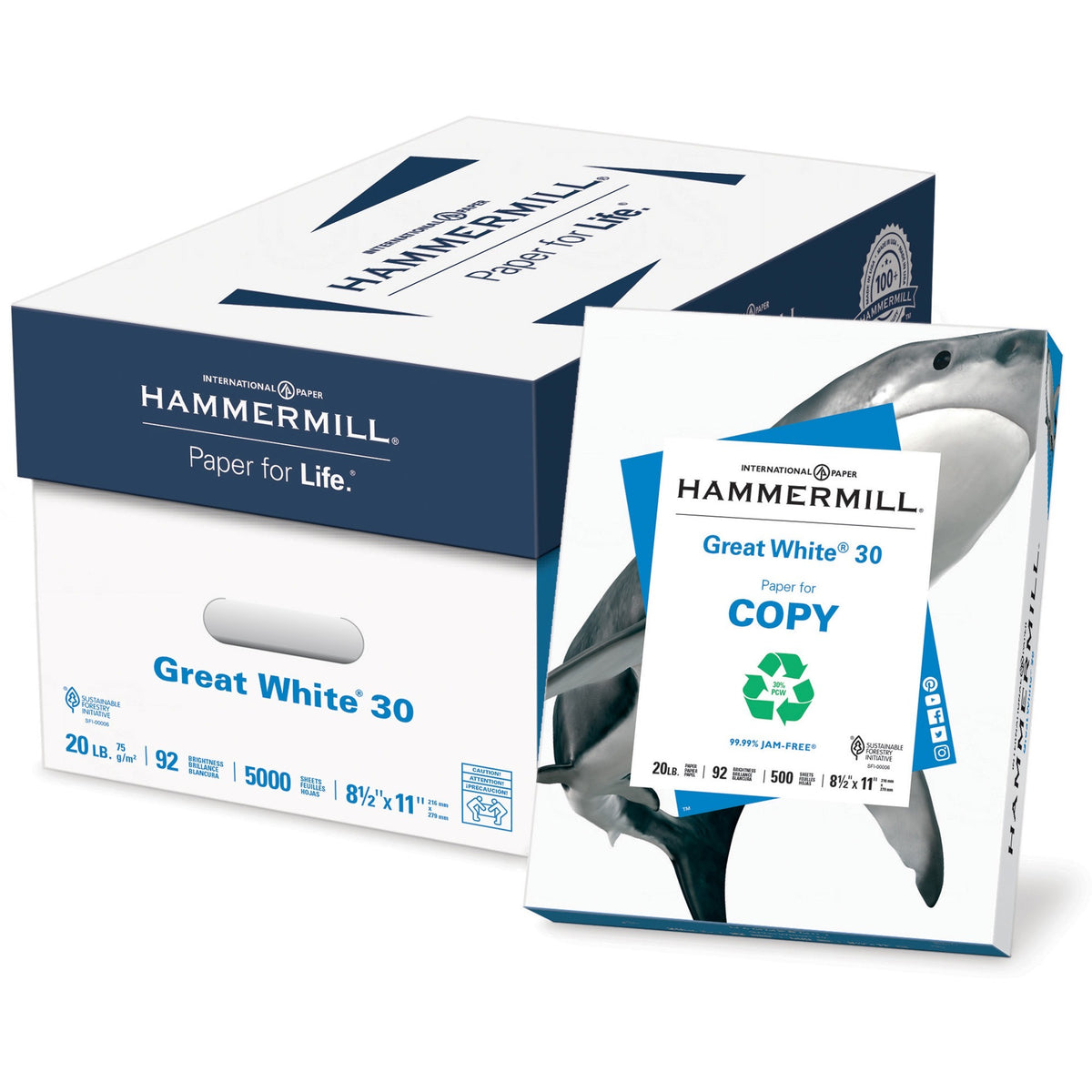 Hammermill Great White Recycled Copy Paper - White - 92 Brightness - Letter - 8 1/2" x 11" - 20 lb Basis Weight - Acid-f