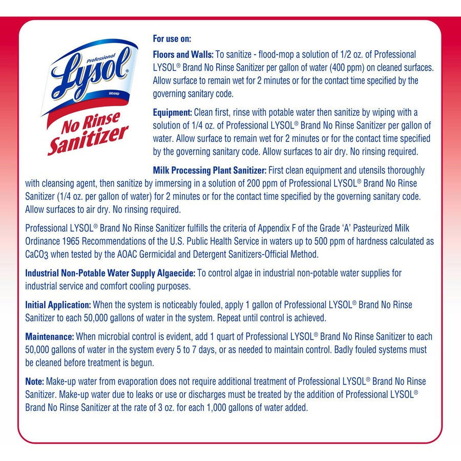 Professional Lysol No Rinse Sanitizer - Concentrate - 128 fl oz (4 quart) - No-rinse, Disinfectant, Anti-bacterial - Cle