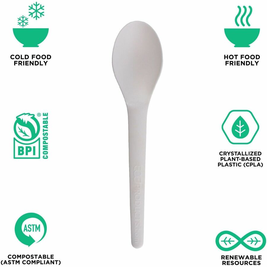Eco-Products 6" Plantware High-heat Spoons - 1 Piece(s) - Spoon - 1 x Spoon - Disposable - Pearl White - 50/Pack - 20 / 
