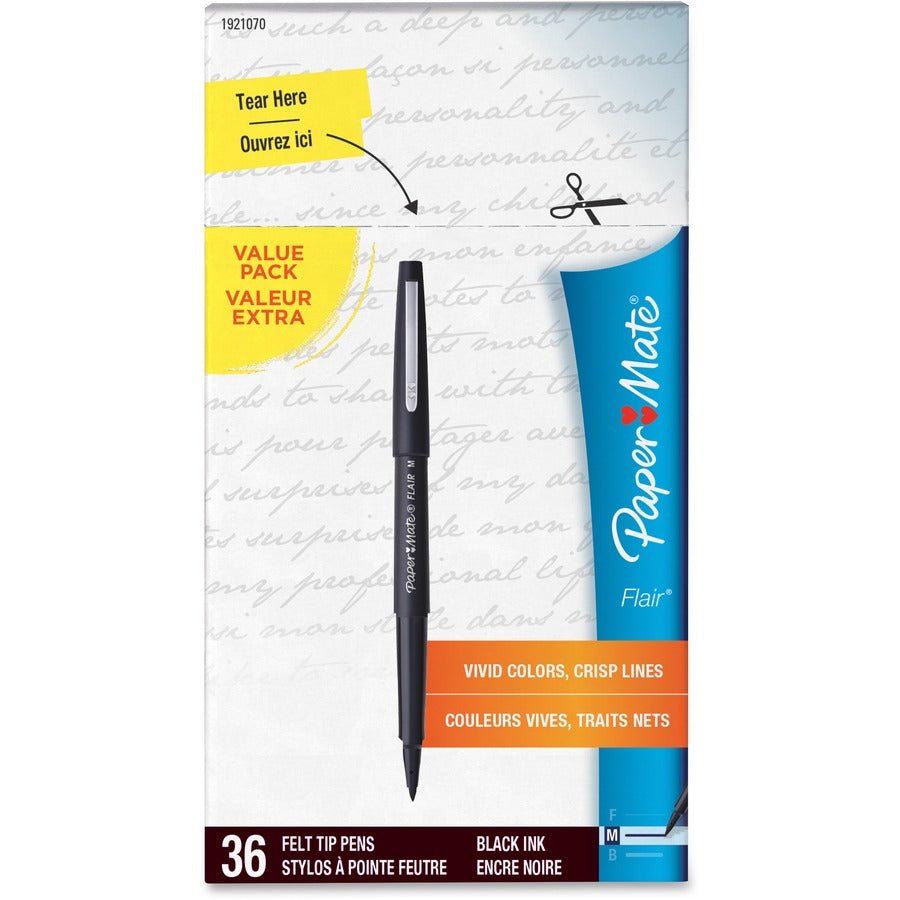 Paper Mate Flair Medium Point Porous Markers - 0.7 mm Pen Point - Black Ink - Water Based - Black Barrel - Felt Tip - 36