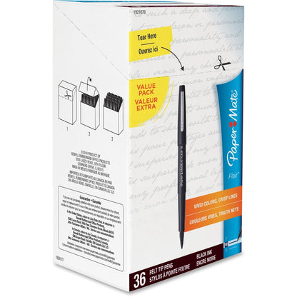 Paper Mate Flair Medium Point Porous Markers - 0.7 mm Pen Point - Black Ink - Water Based - Black Barrel - Felt Tip - 36