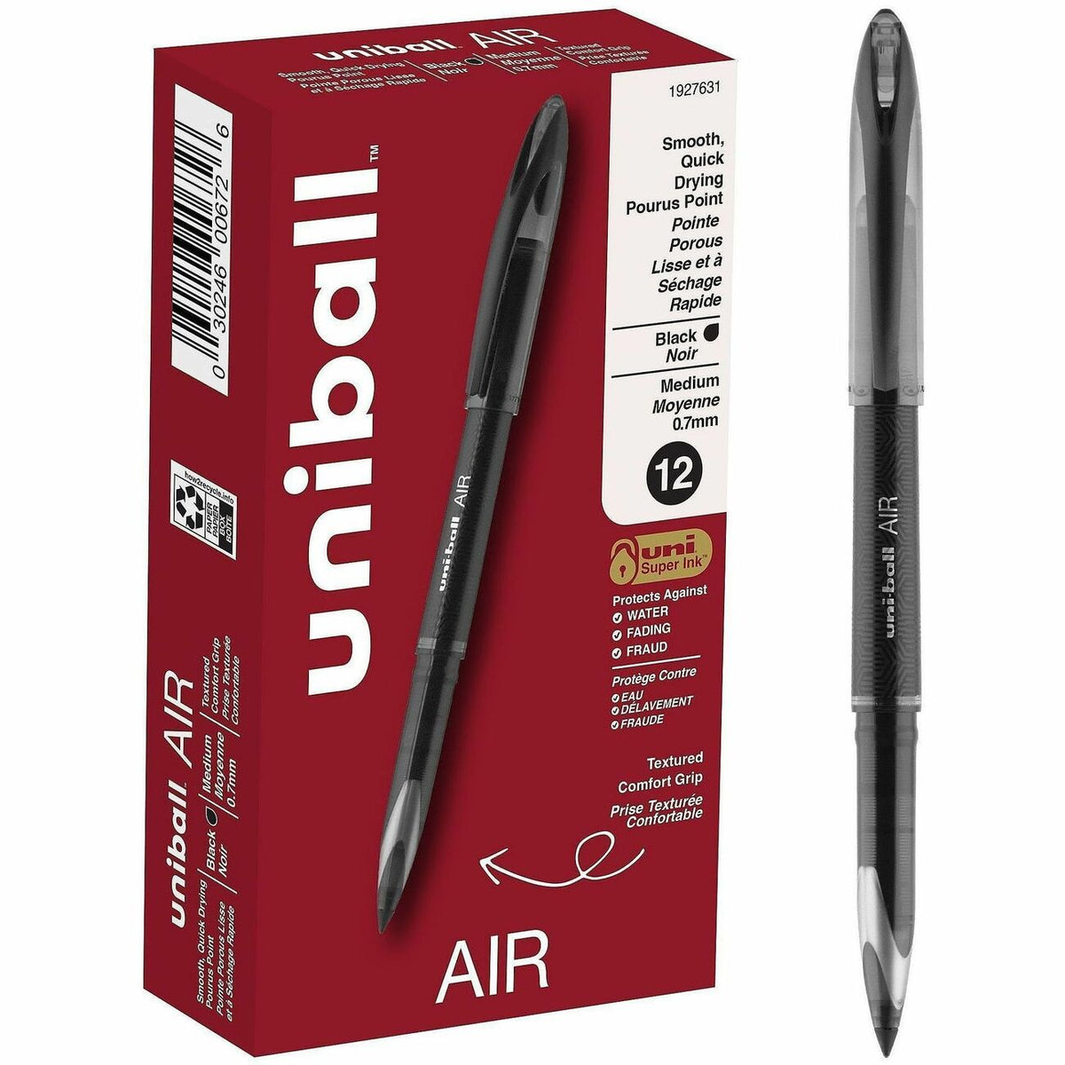 uniball™ Air Porous Point Pen - 0.7 mm Medium Conical Pen Point - Black Ink - Black Barrel - 12 / Dozen