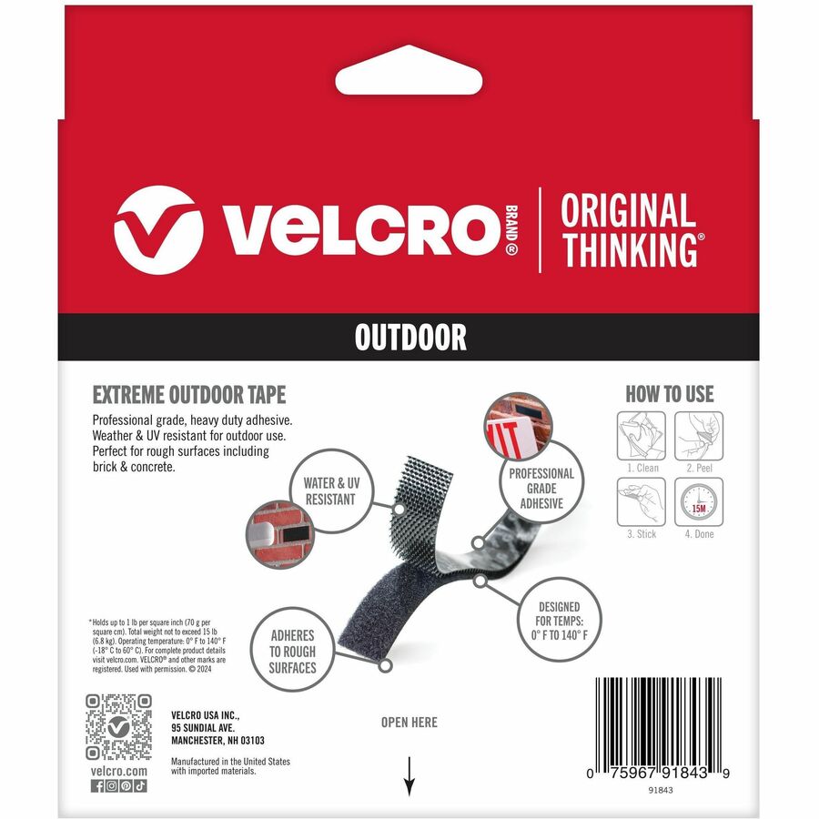 VELCRO® Extreme Outdoor 10ft x 1in Tape Roll Black - 10 ft Length x 1" Width - Black - Silicone - 1 Roll
