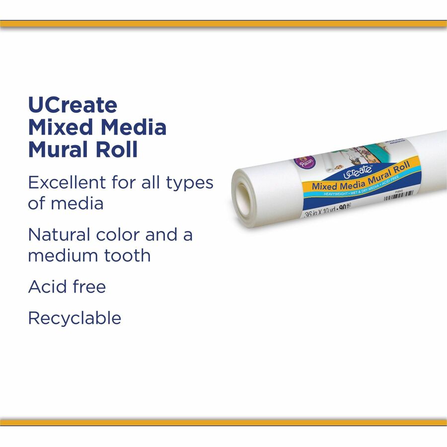 UCreate Mixed Media Paper Roll - Art Project, Drawing, Banner, Mural - 1" Height x 36" Width x 30 ft Length - White - 1 