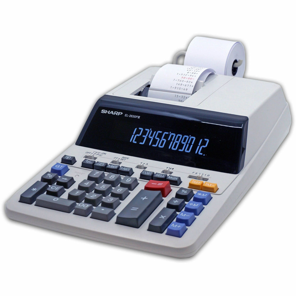 SHARP® EL-2630PIII 12-Digit Commercial Printing Calculator - Independent Memory, Sign Change, Backspace Key, Double Zero