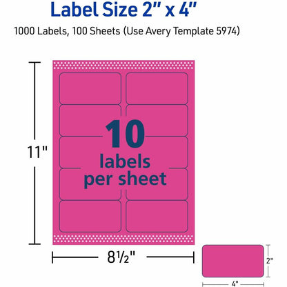 Avery® 2" x 4" Neon Shipping Labels with Sure Feed, 1,000 Labels (5974) - x 2" Width x 4" Length - Permanent Adhesive - 