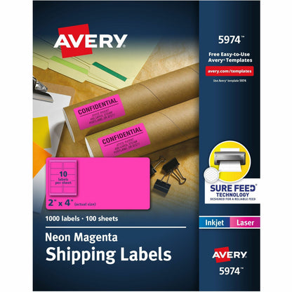 Avery® 2" x 4" Neon Shipping Labels with Sure Feed, 1,000 Labels (5974) - x 2" Width x 4" Length - Permanent Adhesive - 