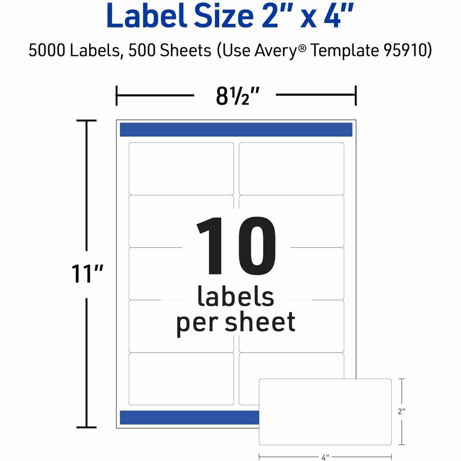 Avery® Shipping Labels, Sure Feed, 2" x 4" , 5,000 Labels (95910) - 2" Width x 4" Length - Permanent Adhesive - Rectangl
