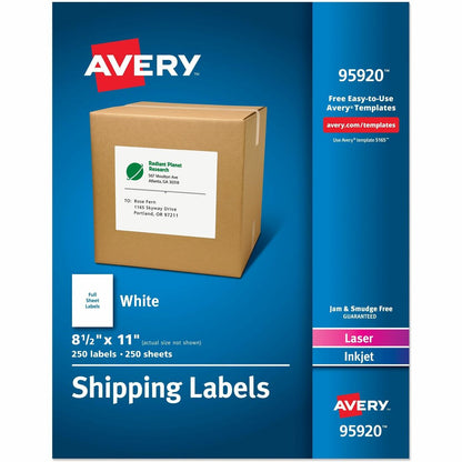 Avery® Shipping Address Labels, 250 Labels, Full Sheet Labels, Permanent (95920) - x 8 1/2" Width x 11" Length - Full Sh