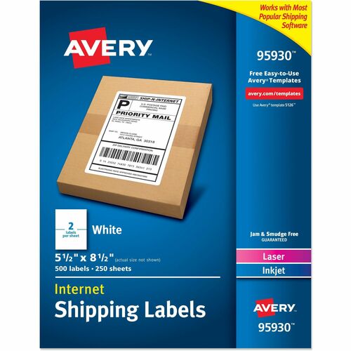 Avery® Address Label - x 5 1/2" Width x 8 1/2" Length - Half Sheet - Permanent Adhesive - Rectangle - Laser, Inkjet - Ma