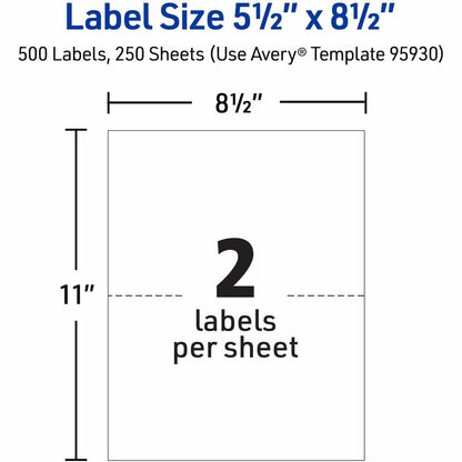 Avery® Address Label - x 5 1/2" Width x 8 1/2" Length - Half Sheet - Permanent Adhesive - Rectangle - Laser, Inkjet - Ma