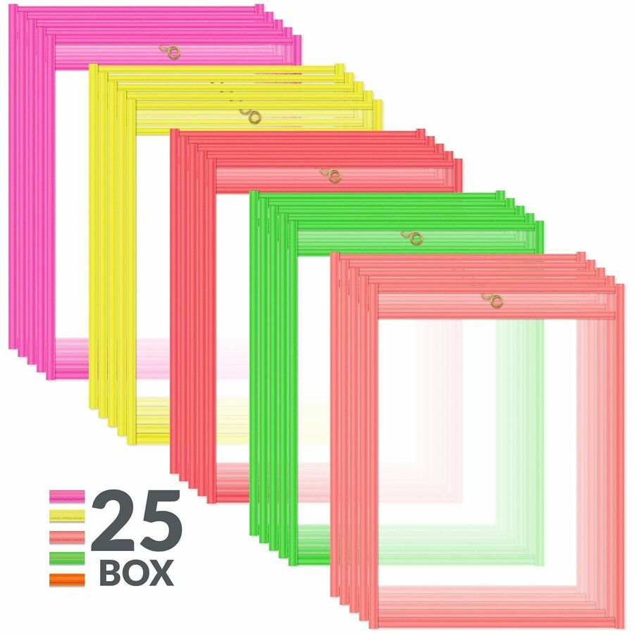 C-Line Reusable Dry Erase Pockets, Assorted, 9 x 12, 25/BX - Neon Red, Neon Orange, Neon Yellow, Neon Green, Neon Pink F