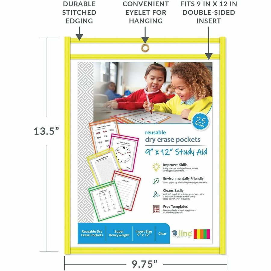 C-Line Reusable Dry Erase Pockets, Assorted, 9 x 12, 25/BX - Neon Red, Neon Orange, Neon Yellow, Neon Green, Neon Pink F