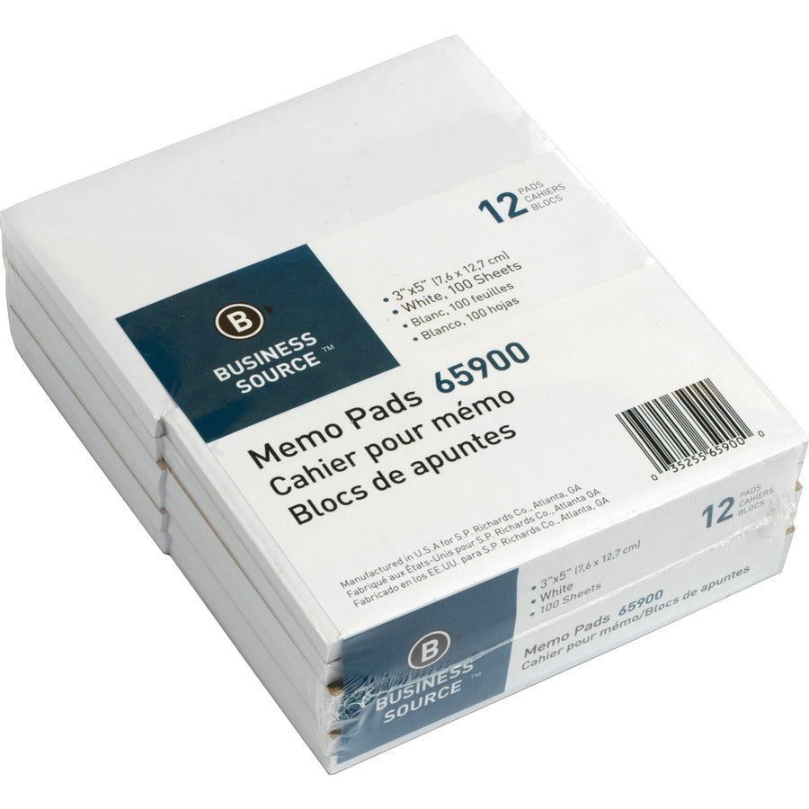 Business Source Plain Memo Pads - 100 Sheets - Plain - Glued - Unruled Front Ruling - 15 lb Basis Weight - 3" x 5" Sheet