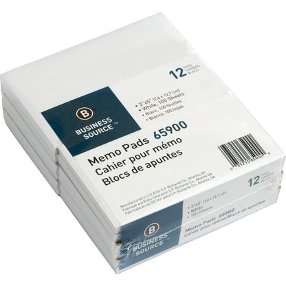 Business Source Plain Memo Pads - 100 Sheets - Plain - Glued - Unruled Front Ruling - 15 lb Basis Weight - 3" x 5" Sheet