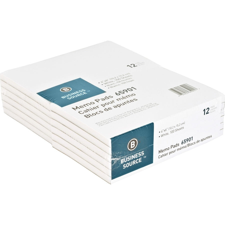 Business Source Plain Memo Pads - 100 Sheets - Plain - Glued - Unruled Front Ruling - 15 lb Basis Weight - 4" x 6" Sheet