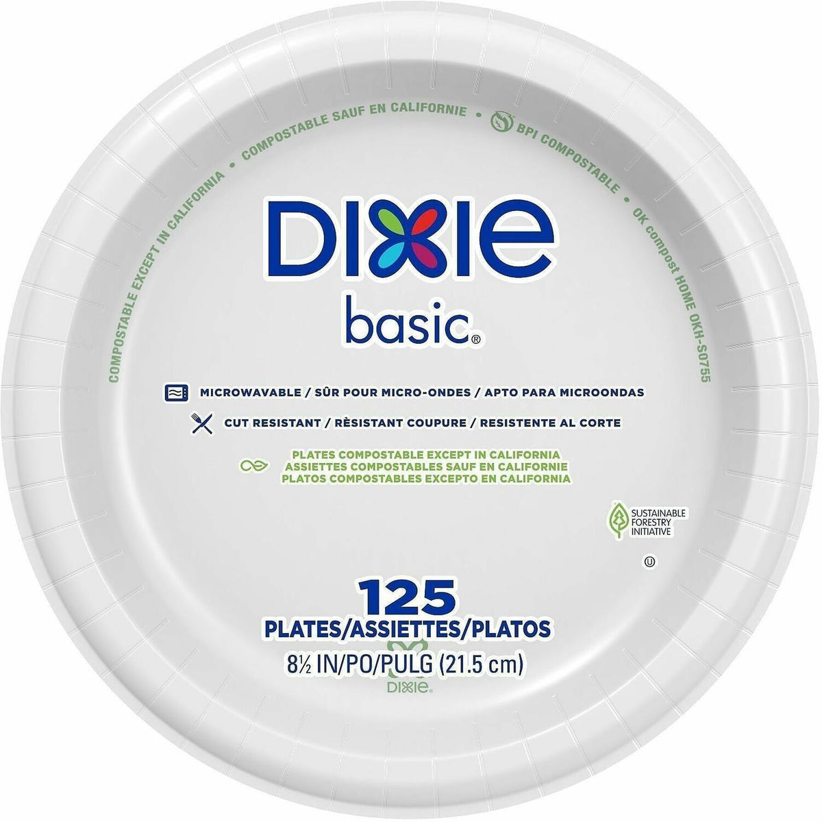 Dixie Basic® 8-1/2" Lightweight Paper Plates by GP Pro - Microwave Safe - 8.5" Diameter - White - Paper Body - 125/Pack 