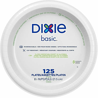 Dixie Basic® 8-1/2" Lightweight Paper Plates by GP Pro - Microwave Safe - 8.5" Diameter - White - Paper Body - 125/Pack 