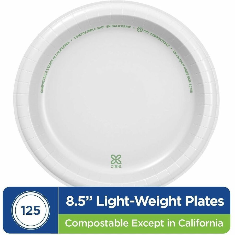 Dixie Basic® 8-1/2" Lightweight Paper Plates by GP Pro - Microwave Safe - 8.5" Diameter - White - Paper Body - 125/Pack 