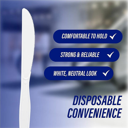 Genuine Joe Medium-Heavyweight Plastic Knives - Disposable - Polystyrene - White - 100/Box - 40 / Carton