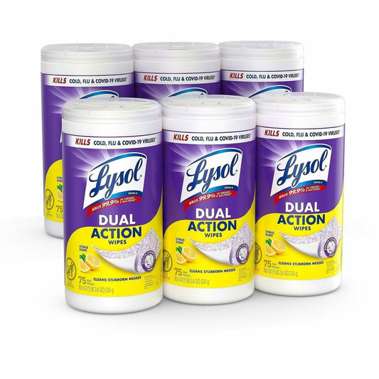 Lysol Dual Action Wipes - For Multipurpose - Wipe - Citrus Scent - 7" Length x 7.25" Width - 6 / Carton