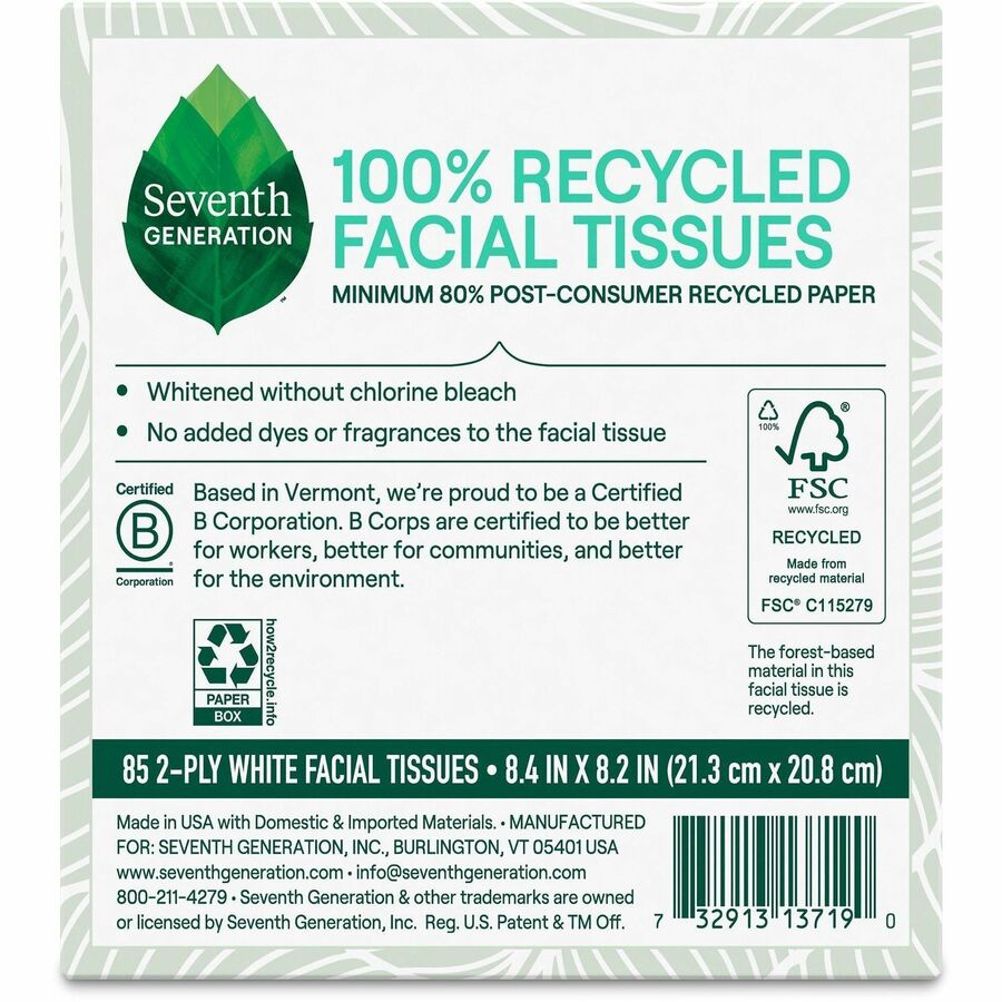 Seventh Generation 100% Recycled Facial Tissues - 2 Ply - White - PaperBox - 85/Box - 36 / Carton