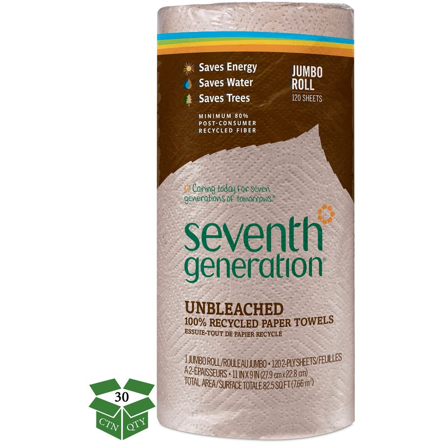 Seventh Generation 100% Recycled Paper Towels - 2 Ply - 11" Width x 9" Length - 120 Sheets/Roll - Brown - Paper - 30 / C