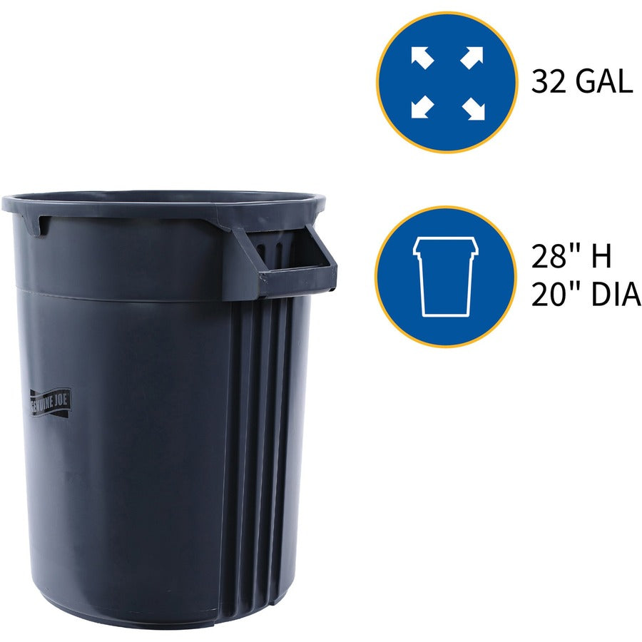 Genuine Joe Heavy-Duty Trash Container - 32 gal Capacity - Side Handle, Venting Channel - Plastic - Gray - 6 / Carton