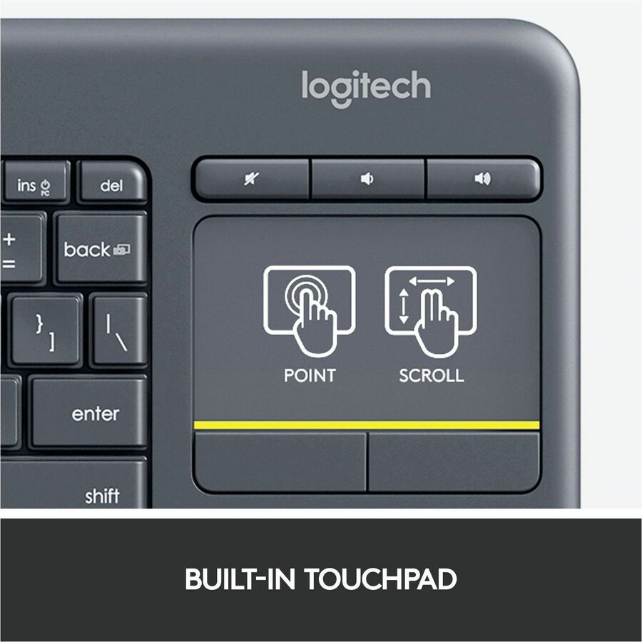 Logitech K400 Plus Touchpad Wireless Keyboard - Wireless Connectivity - USB Interface - Mute, Volume Up, Volume Down Hot