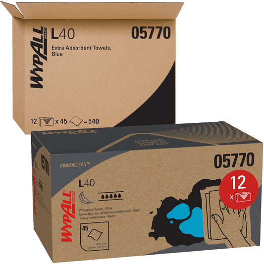 Wypall Power Clean L40 Extra Absorbent Towels - 12" Width x 23" Length - White - 45/Box - 1 Carton