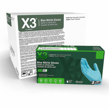 Ammex Blue Small Nitrile PF Gloves - 3 mil Thickness - Small Size - For Right/Left Hand - Blue - Chlorinate, Textured, L